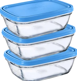 Duralex Kits|Boîtes Rectangulaires>Freshbox - 3 Boites de conservation rectangulaires couvercle bleu 1,1L