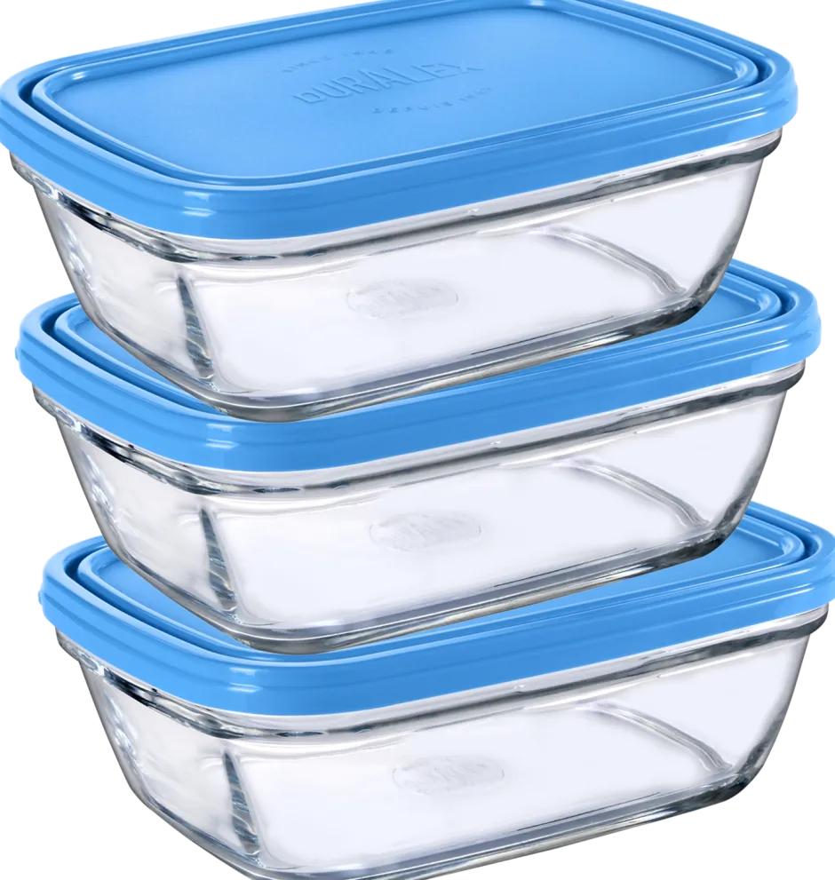 Duralex Kits|Boîtes Rectangulaires>Freshbox - 3 Boites de conservation rectangulaires couvercle bleu 1,1L